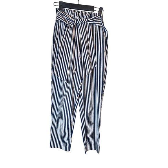 2/$30 ZARA M Basic White & Navy Striped High-Waisted Cropped Pants Tie Belt - Picture 1 of 13